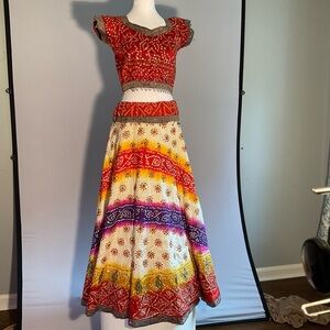 One of a Kind Bohemian Festival Crop Top Maxi Skirt Set Sequins Beaded